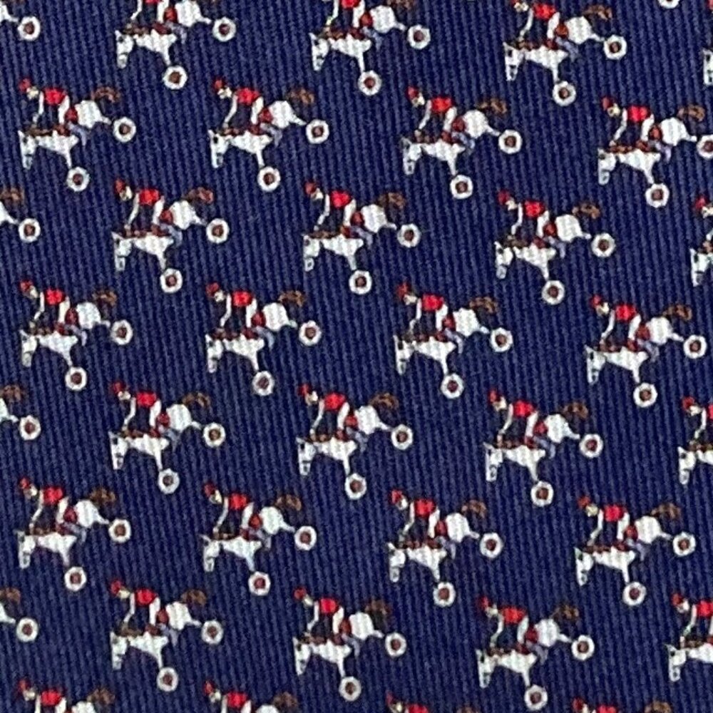 MINT HERMES TIE ~ DARK NAVY BLUE w FUN BLUE RED ROCKING HORSE BICYLCE JOCKEYS XL